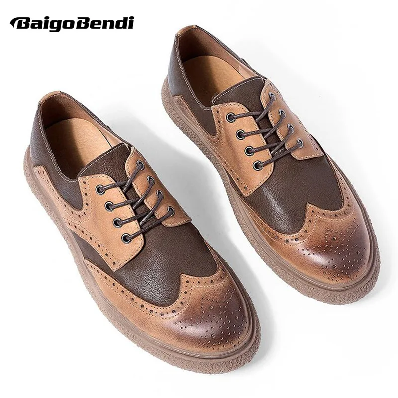 

New Spring Casual Shoes Men Genuine Leather Brogue Shoes Mixed Colors Wing Tips Retro Oxfords Man Lace Up Shoes Leisure