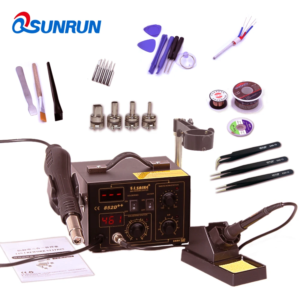

Free Shipping 220V/110V Saike 852D++ 2 in 1 Hot Air Rework Station soldering station with hot air gun electric iron many gifts