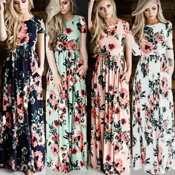 

BOHO Women Summer Beach Short Sleeve Floral Dress Ladies Casual Party Dresses Ladies Womens Floral Prin Maxi Soft Sundress
