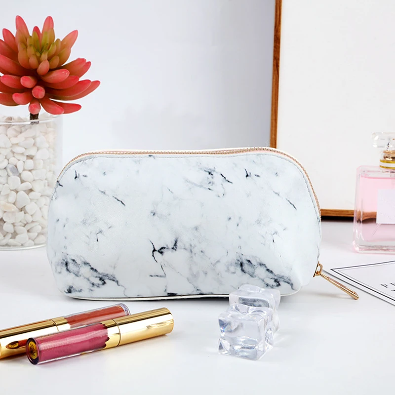 جديد 2019 أزياء السيدات ماكياج التجميل حقيبة الرخام نمط بو أدوات الزينة مقلمة الجلود تخزين فرش الحقيبة للسفر أكياس