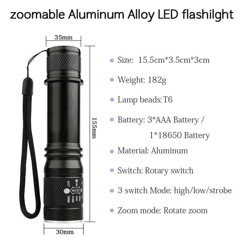 Zoomable 800 люмен 3 режима T6 светодиодный фонарик 18650 AAA водонепроницаемый фонарь