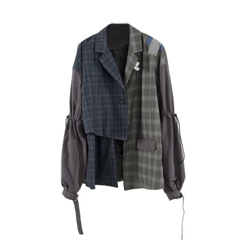 Plaid Longueur De Haute Spliced 2019 Cordon Manteau Bleu Nouvelles Vintage Printemps Femmes Qualité Mode Blue Navy Asymétrique ewq Lc175 z7wXX