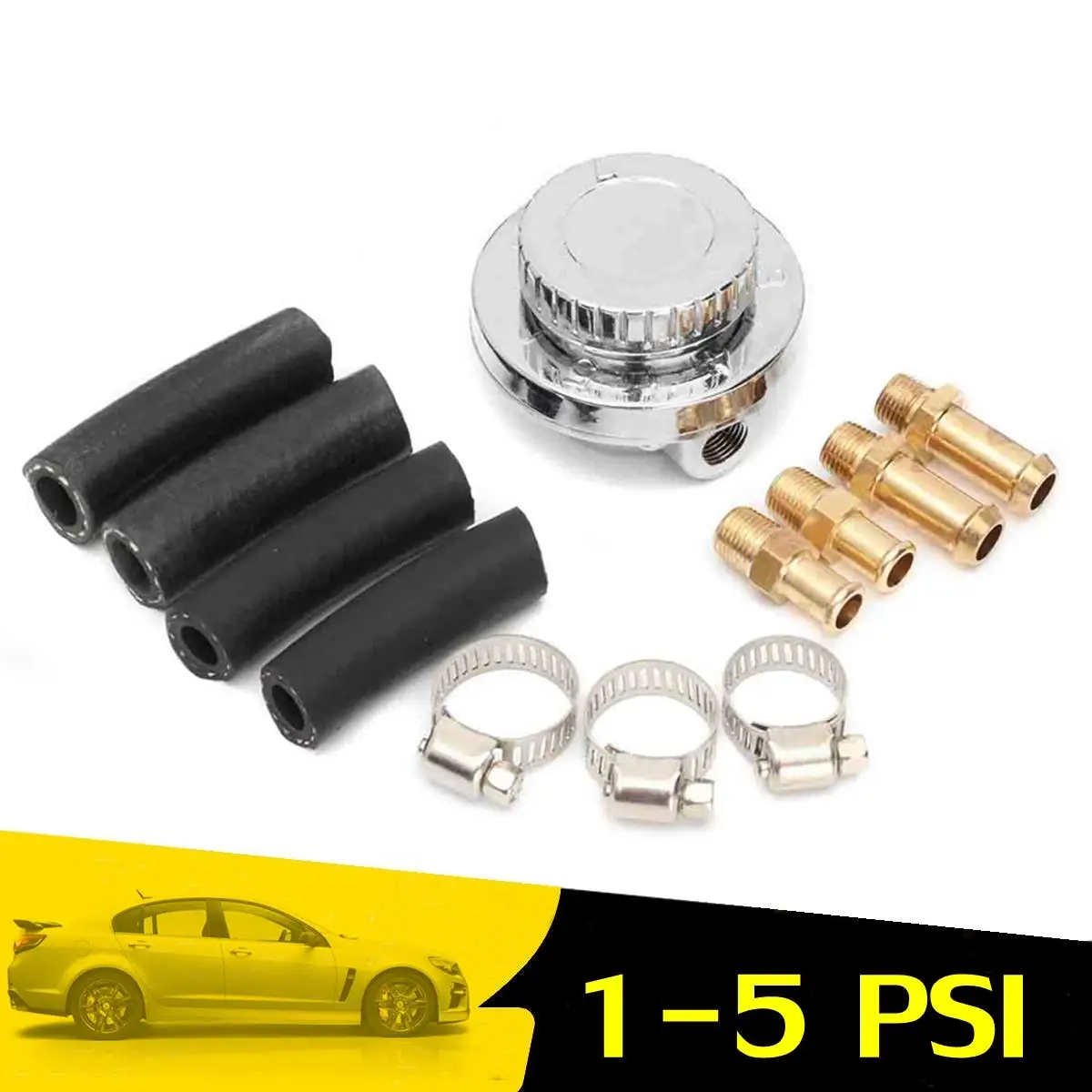 

Adjustable 1-5 PSI Flow Fuel Pressure Carburettor Carb Treatment Regulator + 8mm 10mm Tail