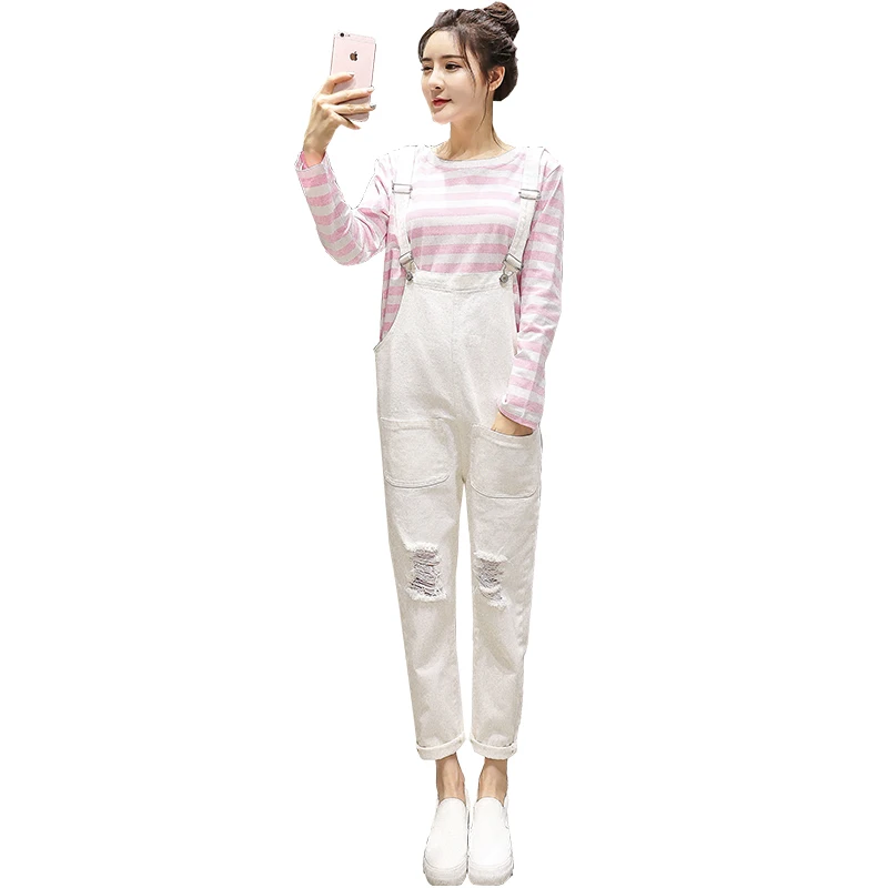 

Pengpious 2019 autumn pregnant women cotton overalls plus size high waist maternity denim rompers casual jeans with pockets hole
