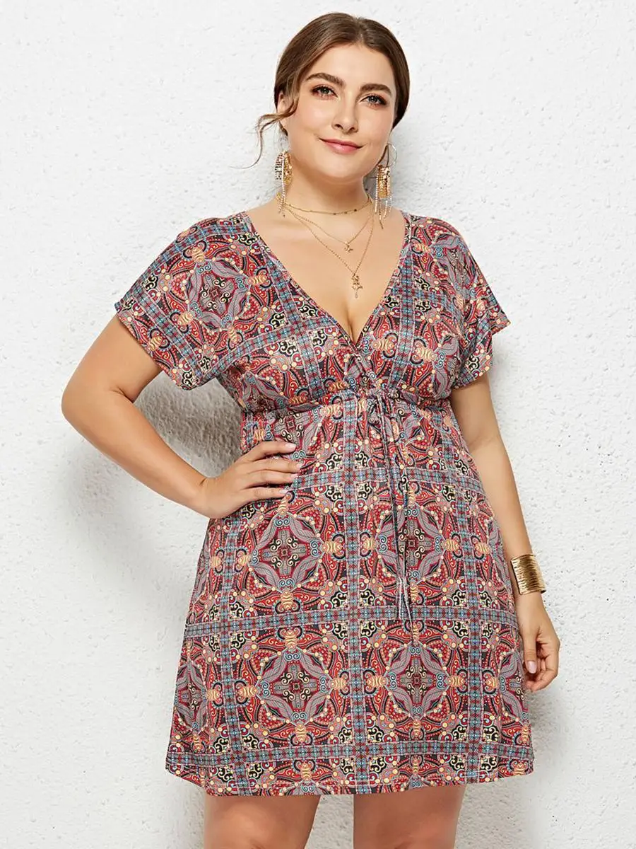 

Summer Women's dresses A-line style boho Casual Plus Size Short Sleeve V-neck print Short Mini Dress Vocation