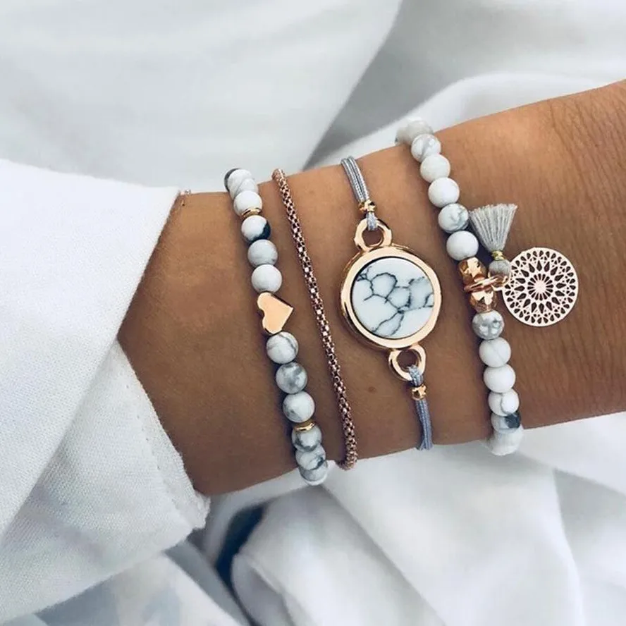 Pulseras Punk de algodón con borlas y cuentas para mujer, conjunto de 4