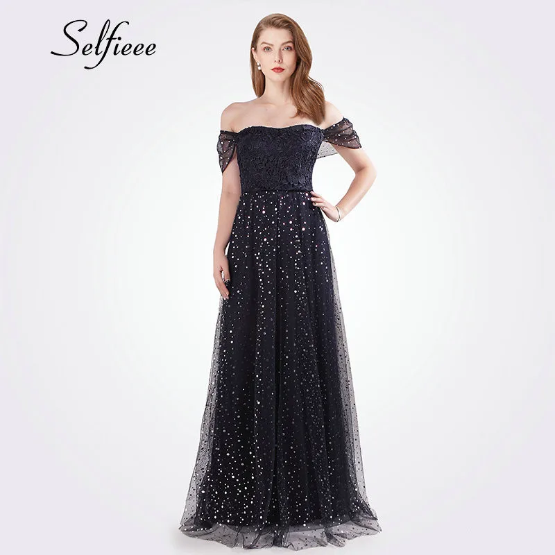 

New Arrival Elegant A Line Off Shoulder Polka Dot Dress Women Vestidos De Fiesta Sexy Short Sleeve Appliques Lace Party Dresses