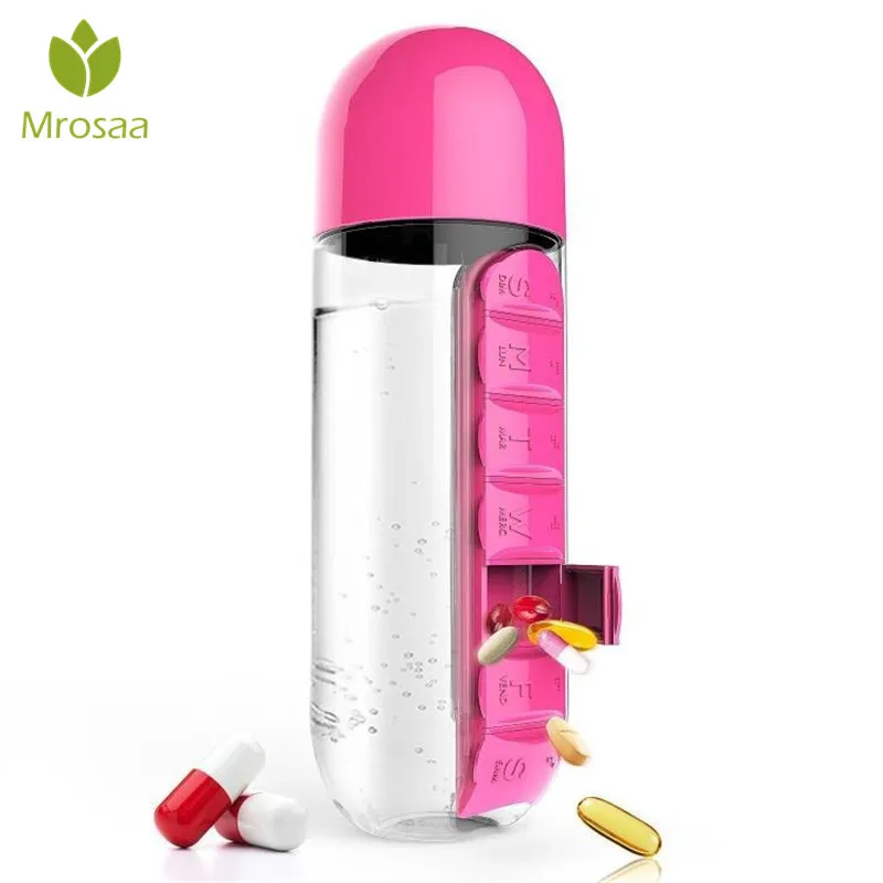 

Creative 600ML Plastic Water Bottles With Daily Pill Box Organizer Drinking Bottles Leak-Proof Bottle For Outdoor Travel Sports