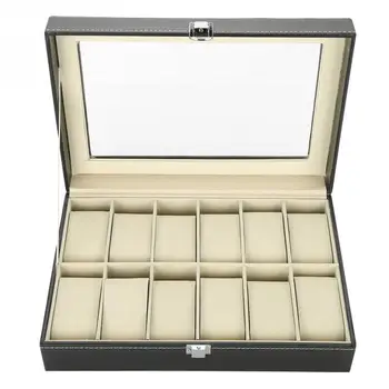 

12 Grids PU Leather Watch Display Case Storage Box Organizer Watch Jewelry Display Box With Dust-proof Clear Glass Cover