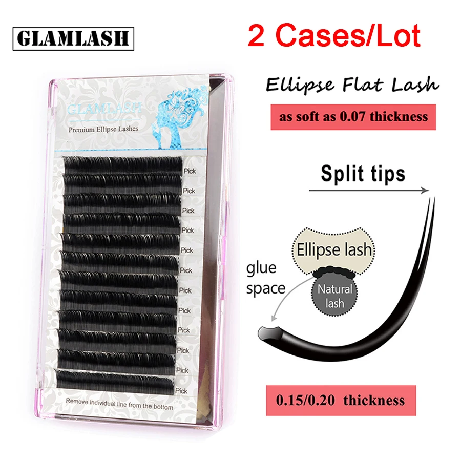 

GLAMLASH Wholesale 2 Cases Professional natural soft flat eyelash extensions Black Light Ellipse Shaped Split Tips Mink Lashes