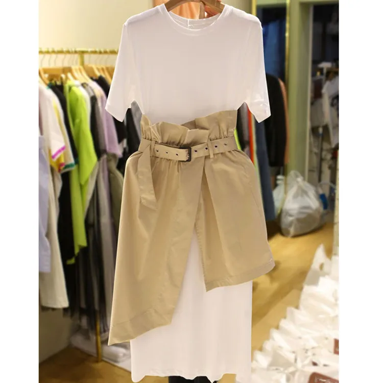 Women 2019 New Solid Casual High Waist Dress Summer Short Sleeve Patchwork Midi Dresses Female Two Pieces | Женская одежда