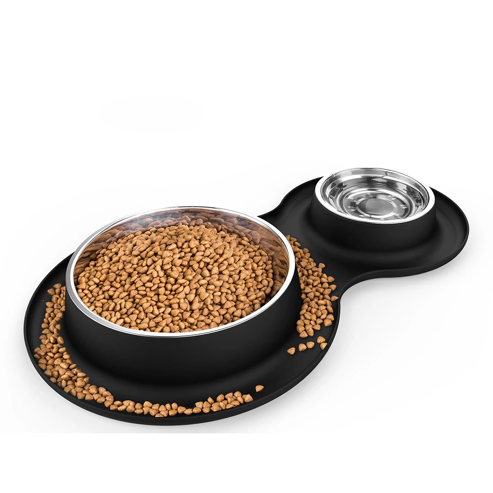 

Nontoxic Black Durable Practical Double Dog Bowl Water Food Bowl With No Spill Non-Skid Silicone Mat for Pet Cat Dog