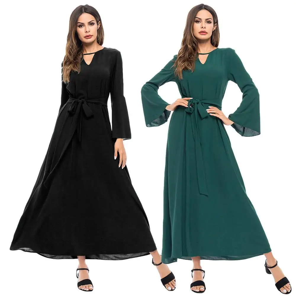 

Ramadan Women Bell Sleeve Long Maxi Dress Muslim Lady Cocktail Robe Summer Dress Gown Chiffon Elegant Islamic Dress Arab Fashion