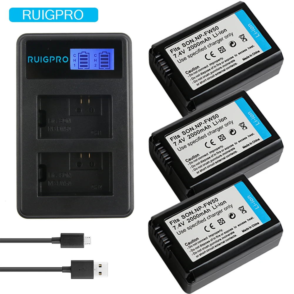 

3Pcs 2000mAh NP-FW50 NP FW50 NPFW50 Battery Akku + LCD Dual Charger for Sony Alpha a6500 a6300 a7 7R a7R a7R II a7II NEX-3 NEX-5