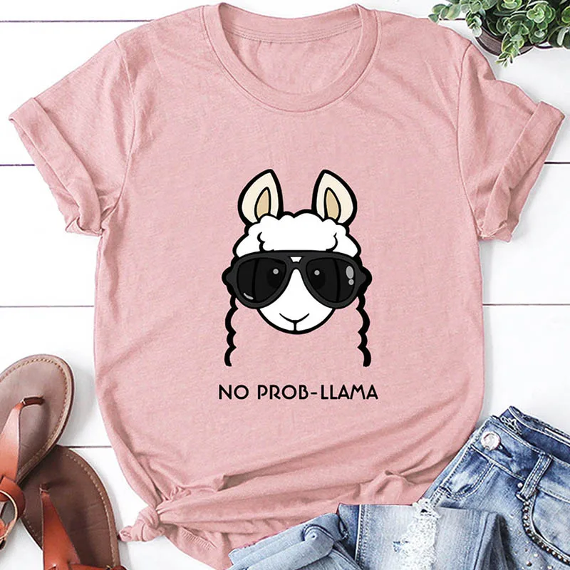 Летняя женская футболка без Prob Llama, футболка с рисунком головы, короткий рукав, хлопок, повседневные топы для девушек, футболки размера плюс 5XL