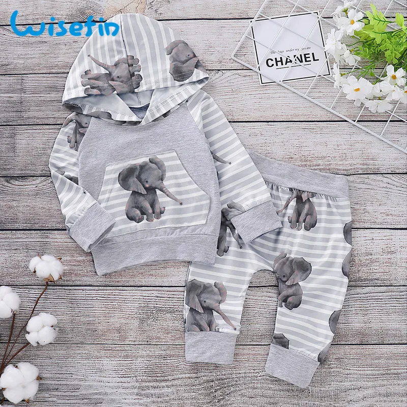 

Cartoon Elephant 2Pcs Baby Boy Clothes Set Light Grey Newborn Clothes Hooded Tops+Soft Pants 0-2Years Kids Set For Boy Girl