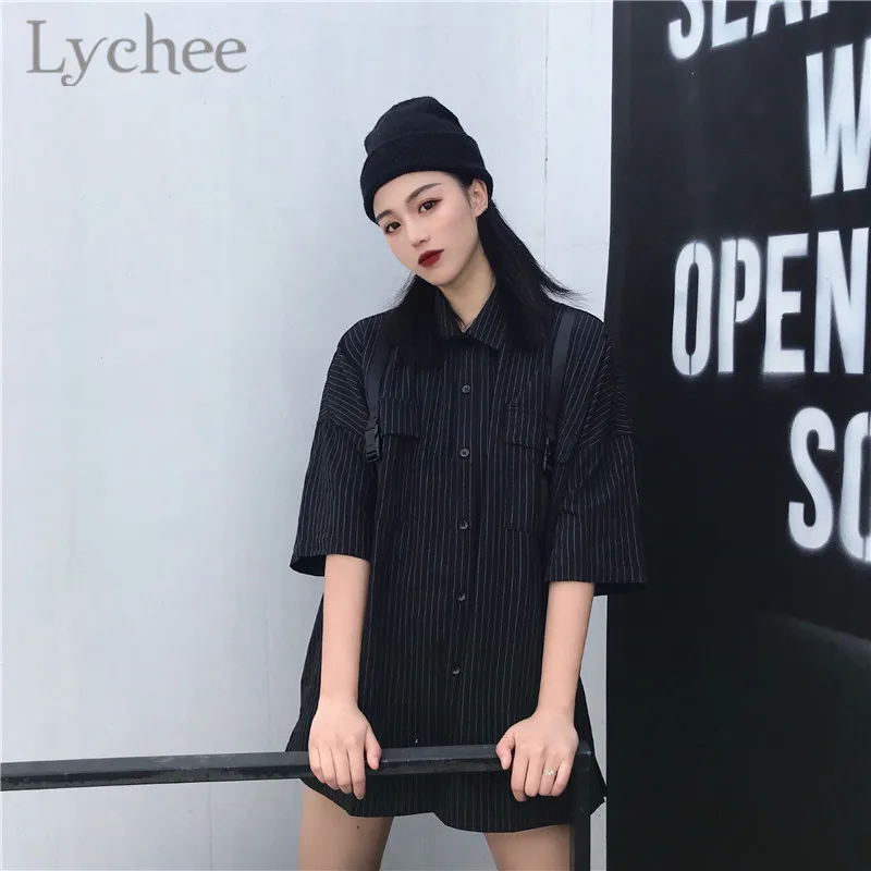 Lychee Harajuku/Женские блузки в полоску с черной лентой отложным воротником коротким
