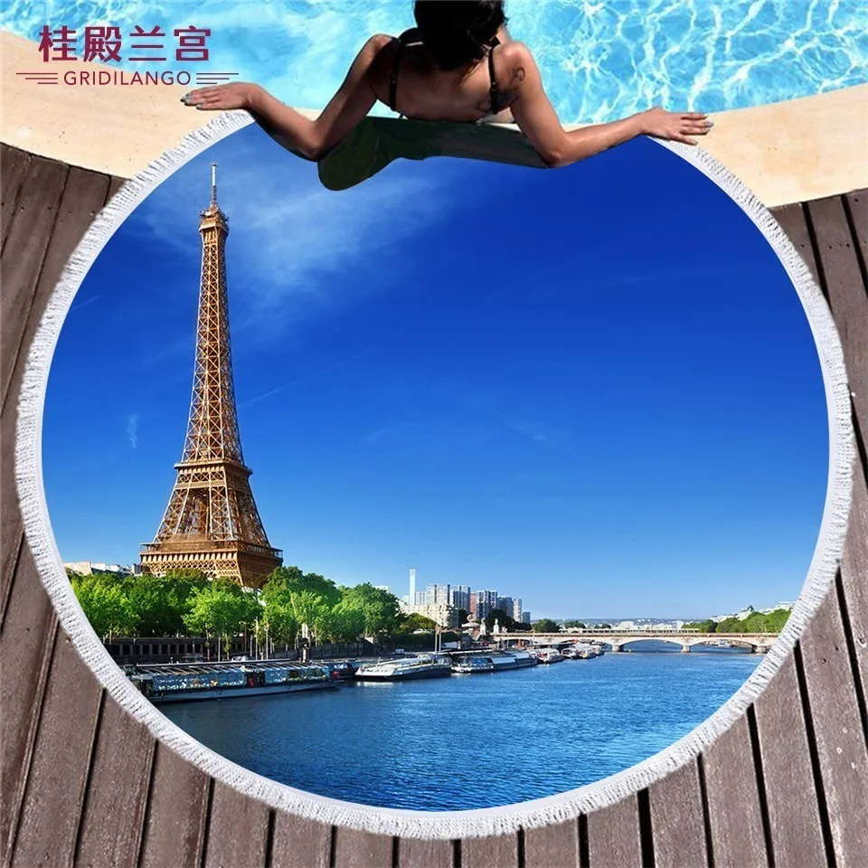

GRIDILANGO Architectural Landscape Pattern Round Beach Towel For Adult Quickly Absorbtable Swimming Outdoor Yoga Mat Bath Towel