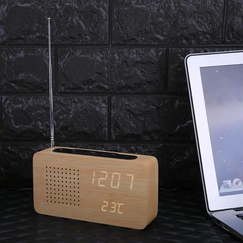 

2in1 FM Radio Wooden Desk Clock Bamboo LED Alarm Clocks LED Display Electronic Table Clock as Gifts Home Decoration Supplies