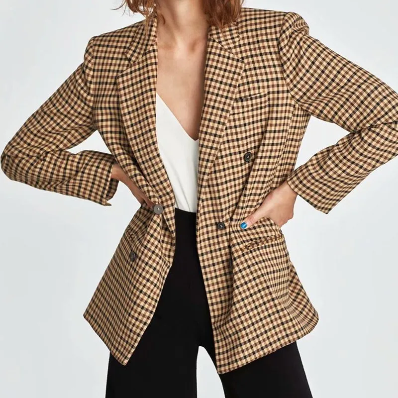 

New V-Neck Turn-Down Collar Plaid Blazer Coat Vintage Woman Double Breasted Long Sleeved Jacket Checked Loose Coats