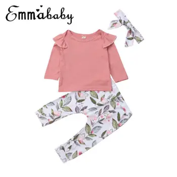 

2018 Autumn Winter Toddler Kids Baby Girls Clothes Pink Long Sleeve T-shirt Tops Coat + Print Pants Headband Outfits Set 3M-3T