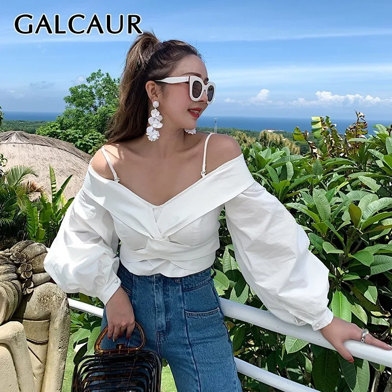 

GALCAUR Solid Off Shoulder Strap Women Blouse V Neck Lantern Sleeve Big Size Short Shirt Female Fashion Spring 2019 Casual