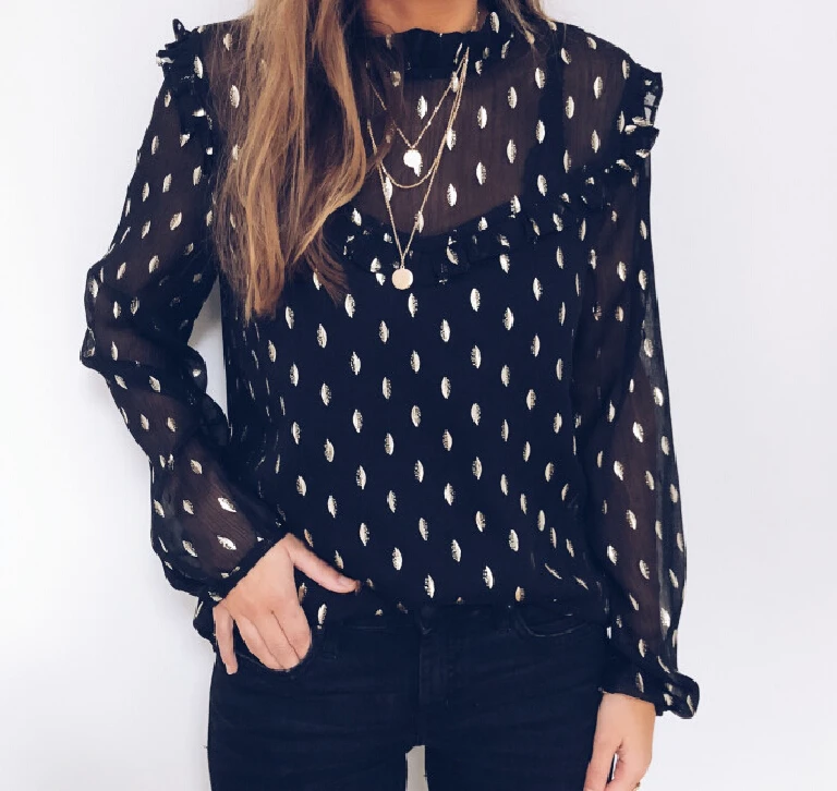 

Elegant Women Chiffon Solid Long Sleeve Blouse Summer Casual Loose Tops Pullover