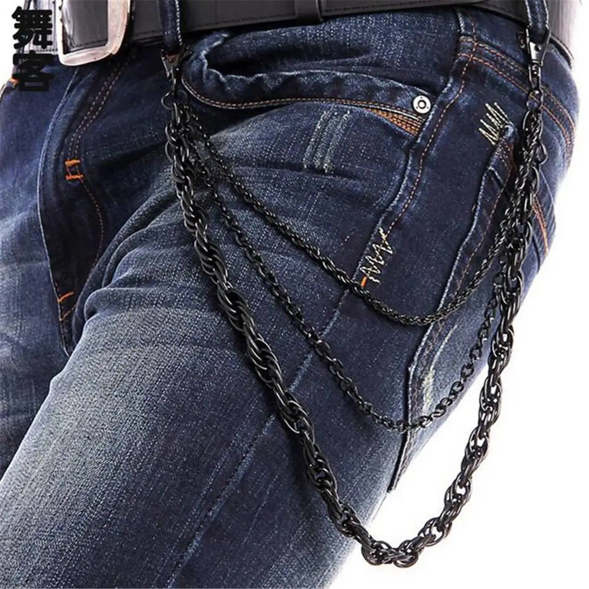 

Men's Three Strands Biker Link Key Jean Wallet Black Chain 3 Layer Waist Punk Hook Trousers Pant Belt Hiphop Jewelry