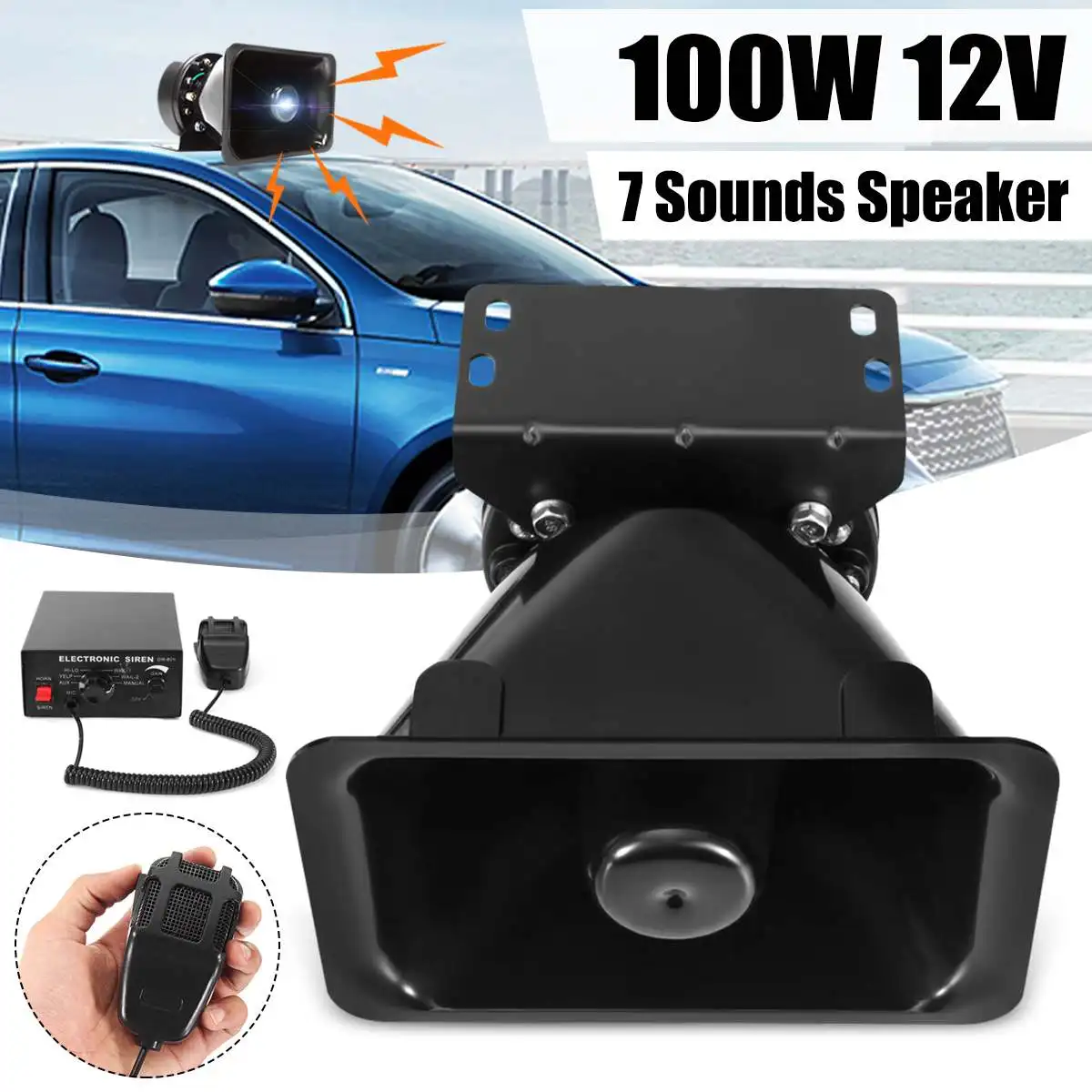 

100W 7 Sound Ultra Loud Bell Car Warning Alarm For Police Siren Horn PA Speaker MIC System for Ambulance For Fire System
