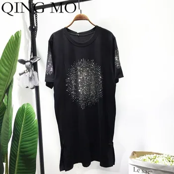 

QING MO Paisley Drilling Dress Women Hot Drill T Shirt Dress Black Short Sleeve Dress Summer Loose Casual T Shirt 2020 ZLDM037