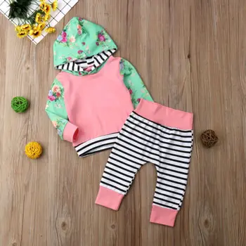 

Boutique Newborn Baby Girl Clothes Floral & Striped Clothes Hooded Tops Pants Outfits Clothes Set