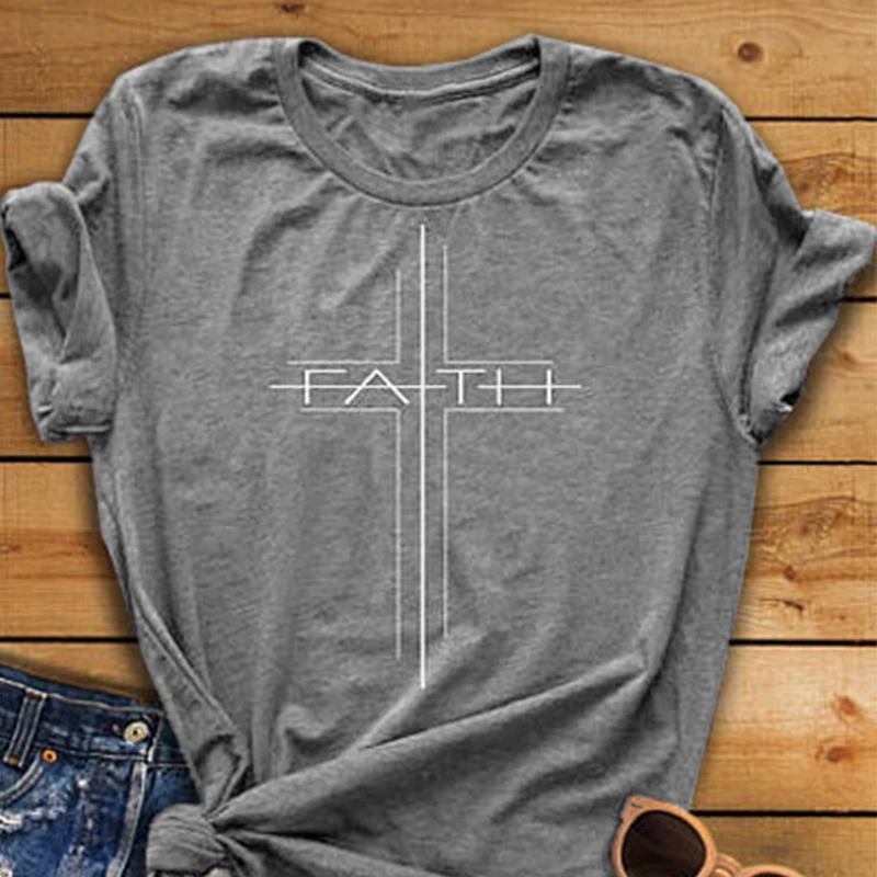 

Faith Cross Letter Print Short Sleeve Cotton Simple T-Shirt Women Loose Tee Women's Fashion Clothes Tshirt T Shirt Top Drop Ship