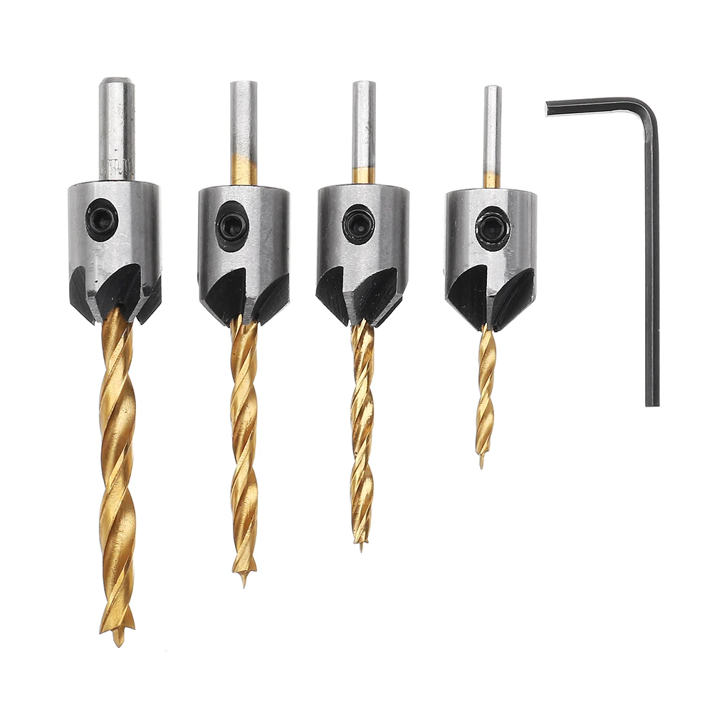 

4pcs 3mm-6mm 5 Flute Countersink Drill Bit Woodworking Chamfer Reamer Set