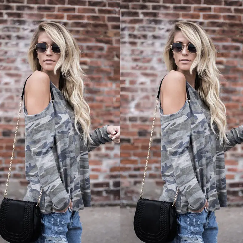 

T Shirt Feminina 2019 Camisetas Mujer Sexy Women Off Shoulder Camouflage Army Long Sleeve Tops T-Shirt Summer Casual Womens Tee