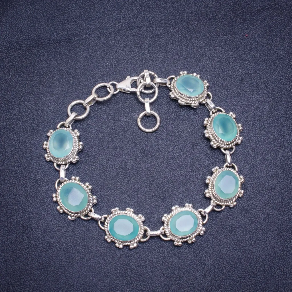

Natural Chalcedony Handmade Unique 925 Sterling Silver Bracelet 6.75-8" A3028