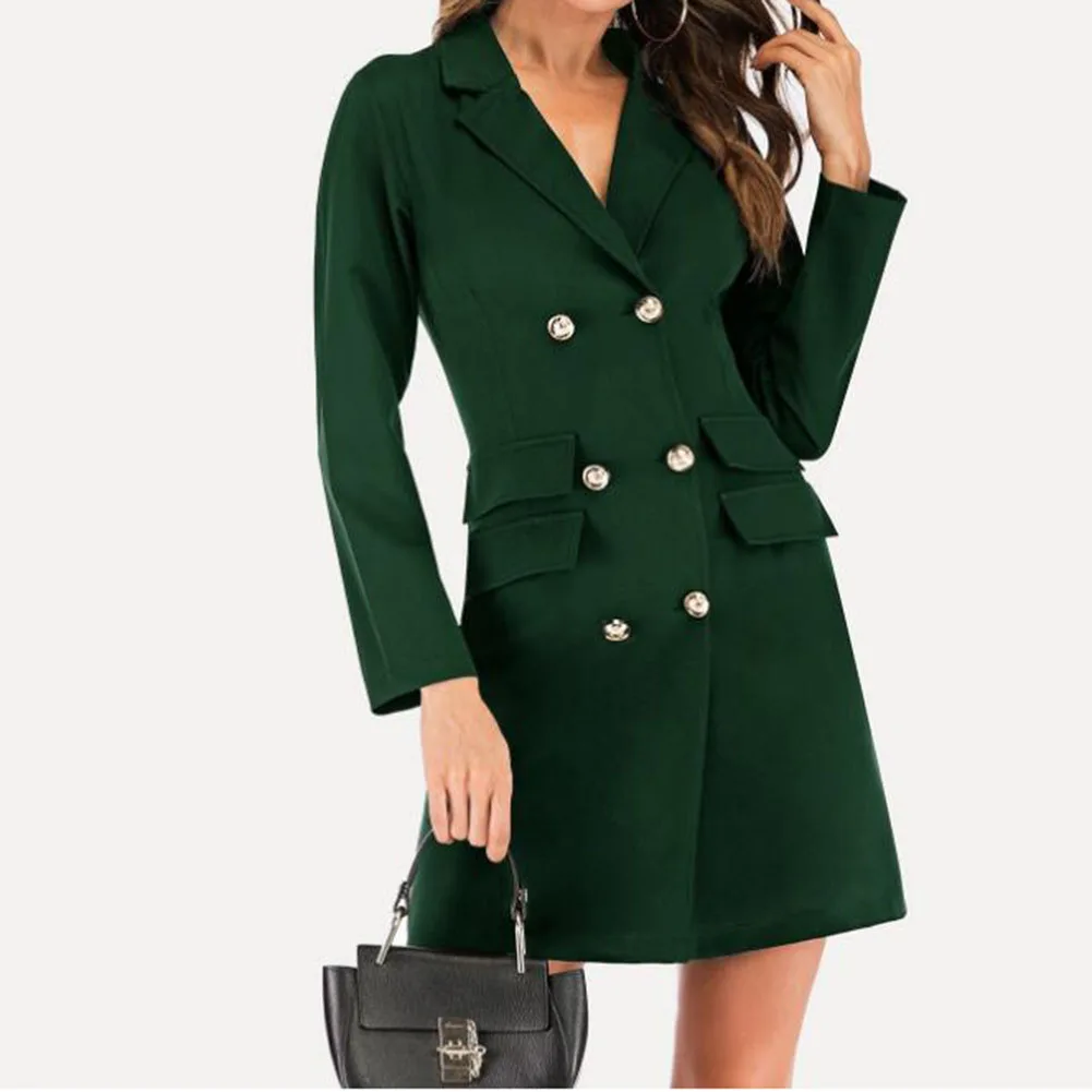 

Women Long Bodycon Blazer Business OL Dress Double Breasted Long Sleeve V-Neck Work Mini Dress Spring Button Slim Dress