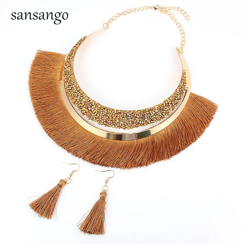 

10 Pcs Brown Yellow Colorful Tassel Crystal Collar Necklace With Dangle Earrings For Women Men Fashion Jewelry Party Wedding