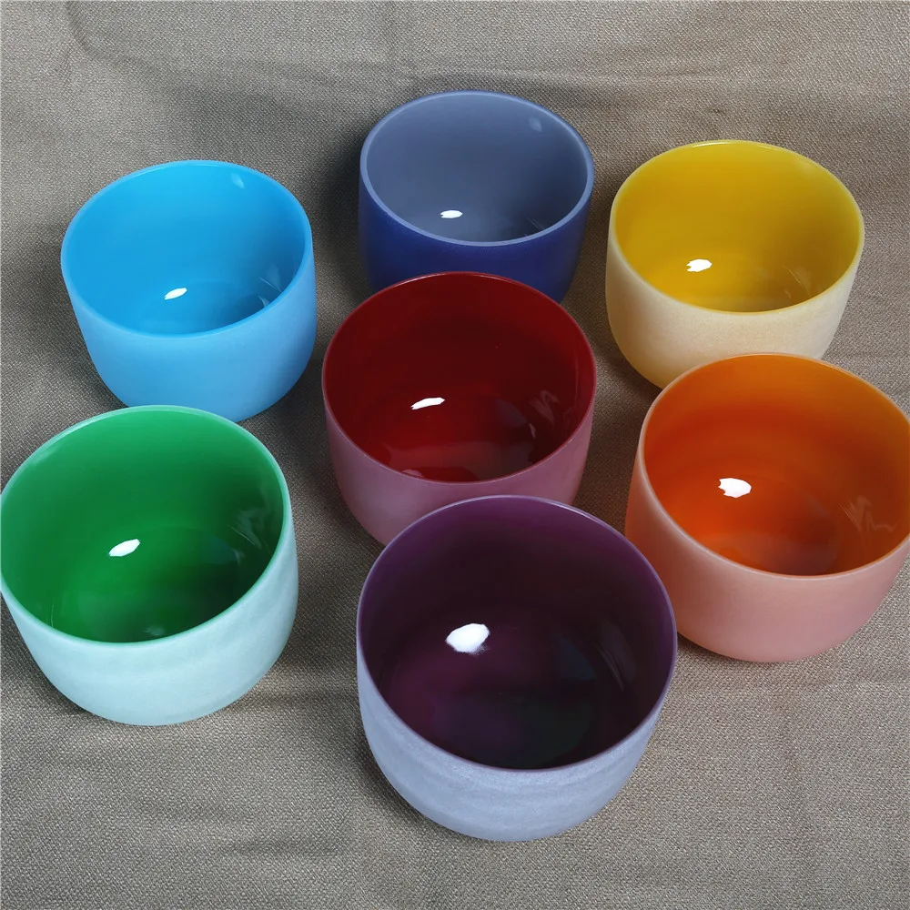 Crystal Singing Bowls Set Frosted Colors Green, Purple, Orange 8 inch