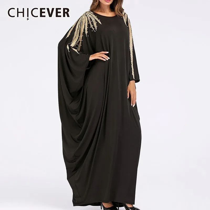 

CHICEVER Beading Dresses Of The Big Sizes O Neck Batwing Sleeve Loose Oversize Long Dress Fashion Casual Clothes New 2019