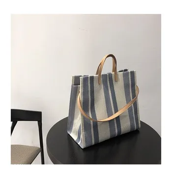 

Women's Shoulder Bag Striped Canvas Top-handle Ladies Handbags Female Cloth Shopping Bags Totes Big Shopper Travel Bags Beach