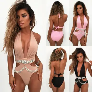 

Hot Summer Women Ladies Bodysuit Sleeveless Sexy Swimsuit Push Up Padded Crystal Halter Solid Backless Swimwear One Piece