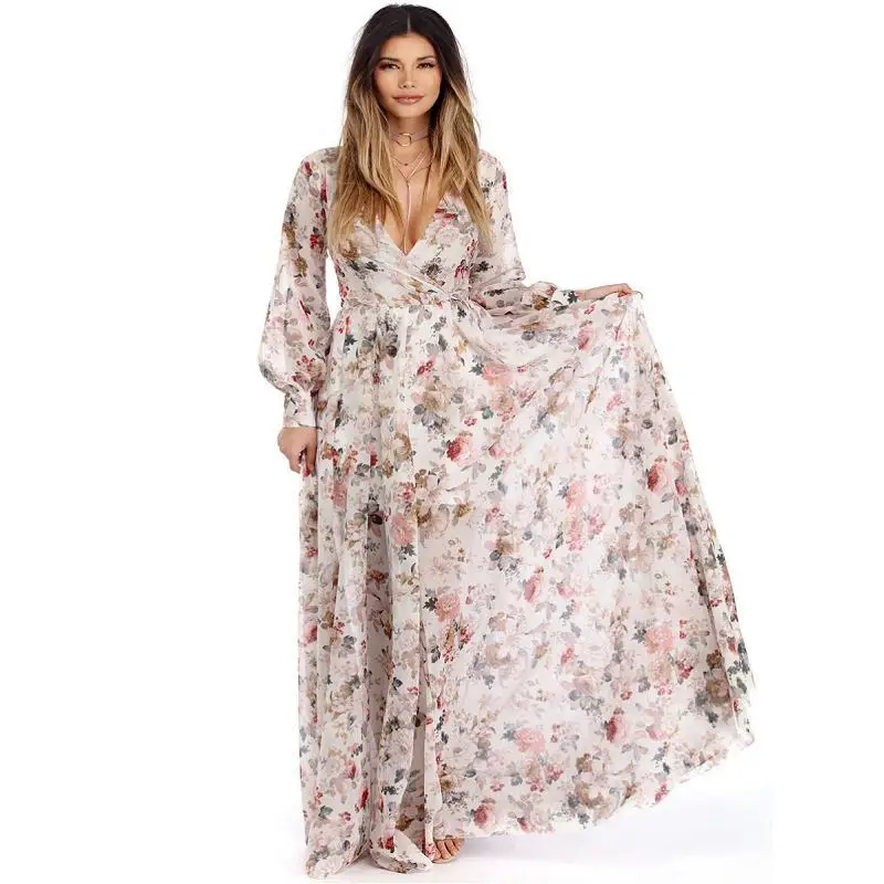 

Fashion Print Boho Maxi Woman Dress V Neck Long Sleeve Vintage Beach Dresses Casual Party Vestido