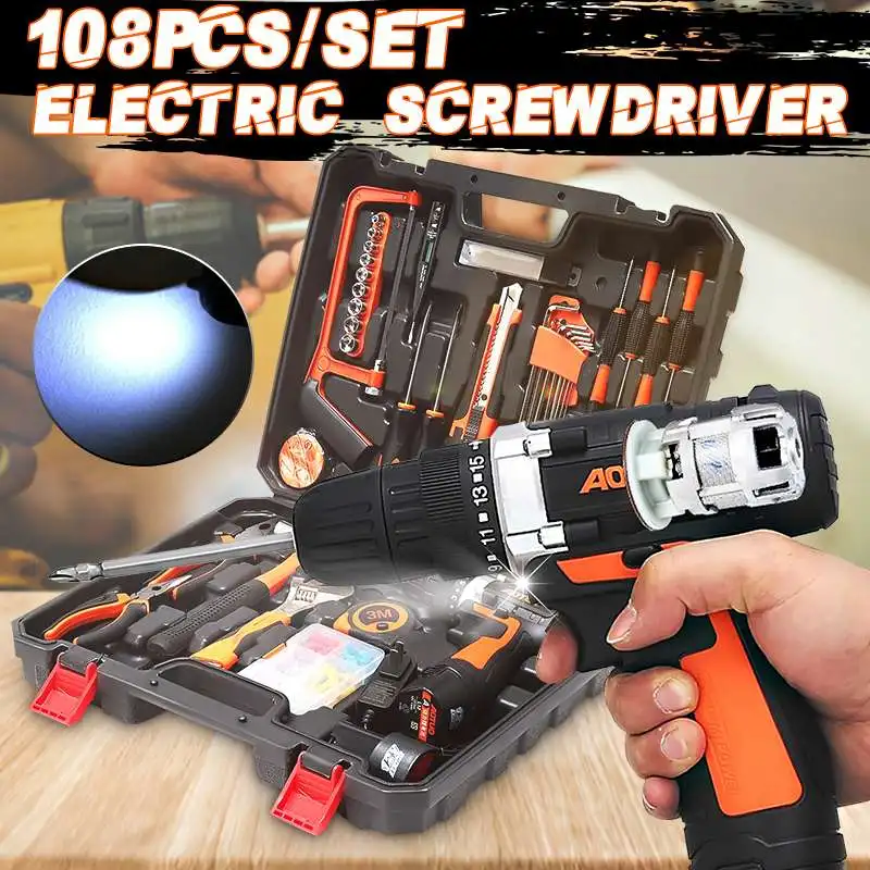 

Portable 108Pcs/Set 12V Electric Screwdriver Cordless Drill Driver Power Tool LED Light with 2 x Battery for Wood Metalworking