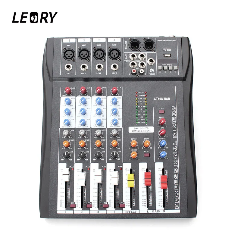

LEORY Professional 4 Channel Digital Sound Audio DJ Mixer Mixing Microphone Amplifier Console 48V Phantom Power With USB