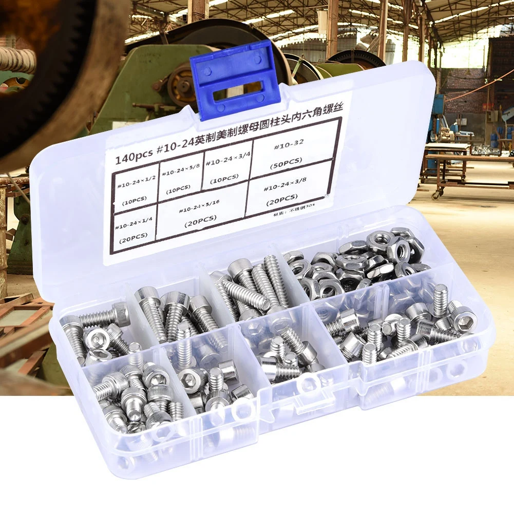 

140pcs/set #10-24 Stainless Steel Hex Socket Cap Head Screws and Nuts Assortment Stainless Steel Cap Screws