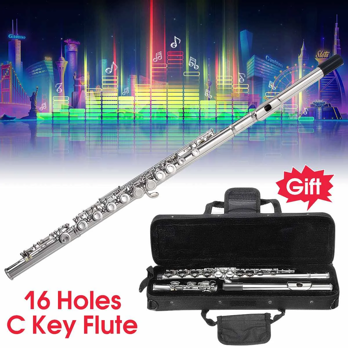 

16 Holes C Key Western Concert Flute Kit Silver Plated Cupronickel Musical Instrument with Cleaning Cloth Stick Screwdriver