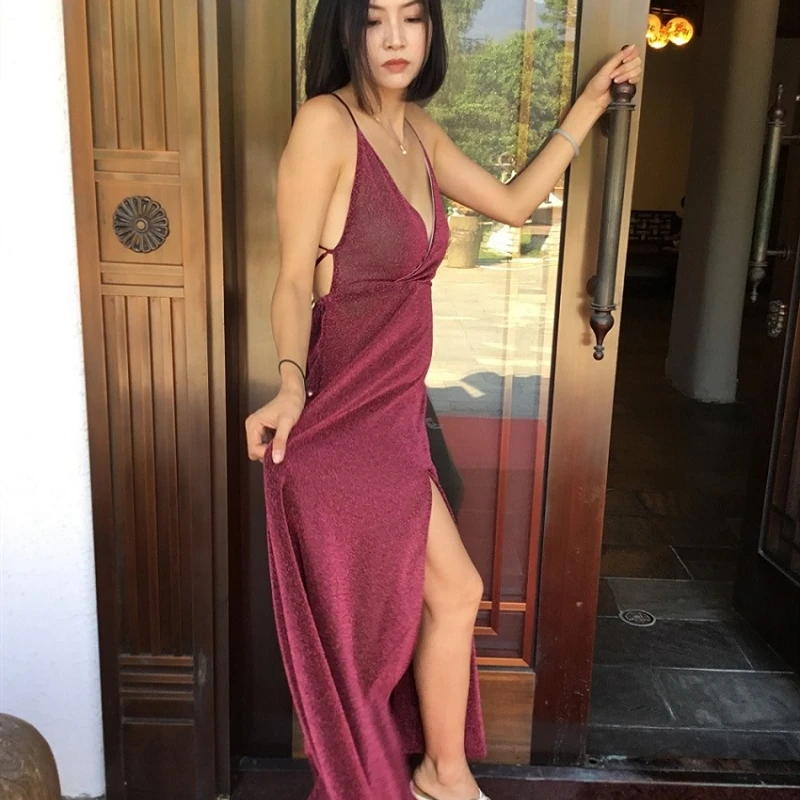 

Long Women Sexy Deep V Neck Backless Elegant Split Lace Up Summer Maxi Beach Sexy Evening Party Dress Ladies Dresses
