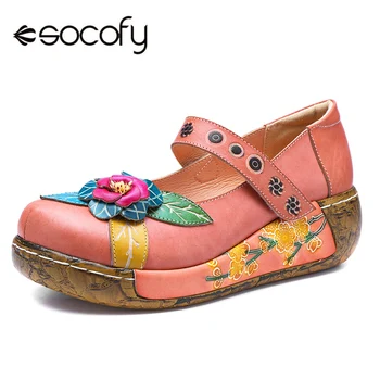 

Socofy Bohemian Vintage Style Women Flat Shoes Woman Retro Genuine Leather Spring Summer Casual Platform Shoes Hook&Loop Flats