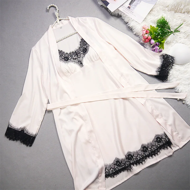 

Modis Mujer 2 Piece Sleepwear Nightdress+nightgown Floral Lace Mini Sleepdress Femme Deep V Silk Lounge Set Women Sexy Nightwear