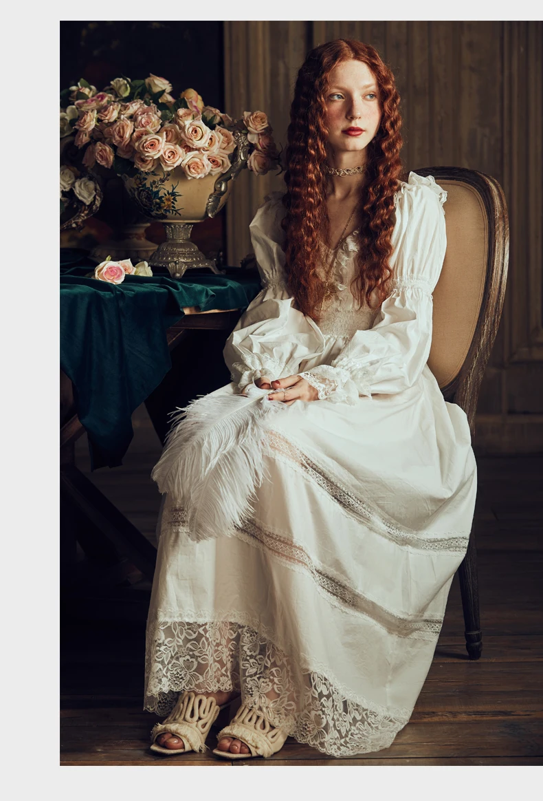 

Vintage Sexy Sleepwear Women Cotton Medieval Nightgown White V-neck Queen Dress Night Dress Lolita Princess Home Dress